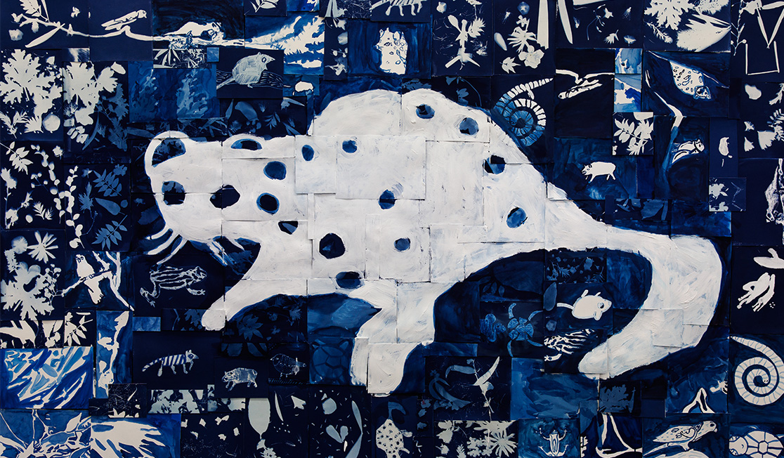 This image shows a dark blue and white painting of a quoll. it has spots and is surrounded by smaller blue and white artworks.