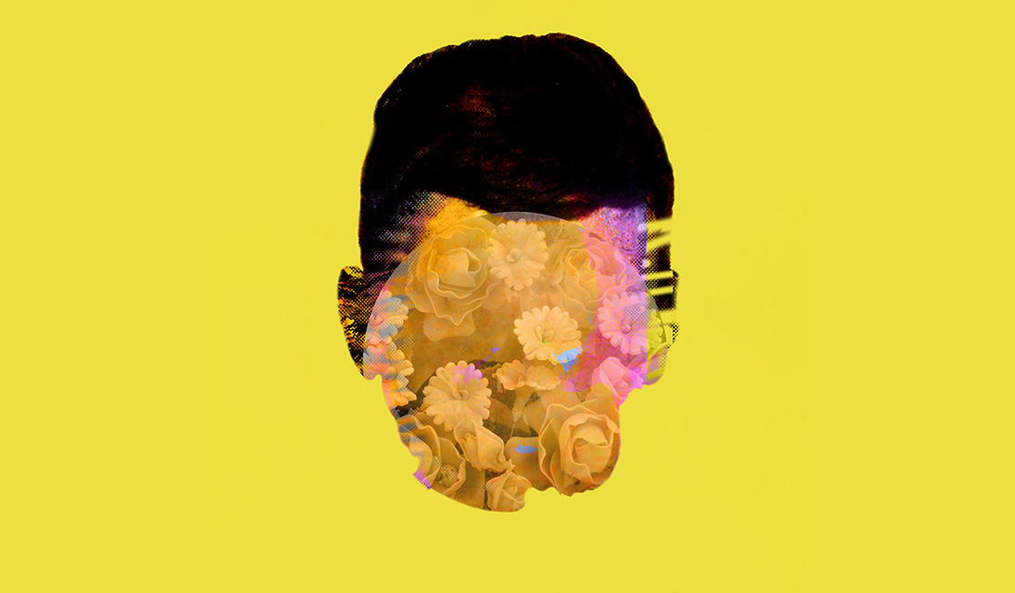 A digital work of art that looks like a human head made of flowers in front of a yellow background.